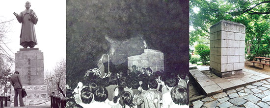 ▲ 1979년 인하대학교에 건립된 이승만 전 대통령 동상(왼쪽)은 1983년 10월 인하대 학생들에 의해 철거 됐다.동상 좌대만 남아있는 현재의 모습.  <사진=인하대학신문 제공>