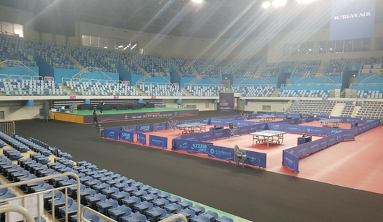 ▲ 코리아오픈 국제탁구대회 개최 준비를 마친 인천 남동체육관 내부 전경.
