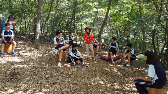 ▲ 의왕시 학생들이 청계산 치유의 숲에서  체험 을 즐기고 있다. <의왕도시공사 제공>