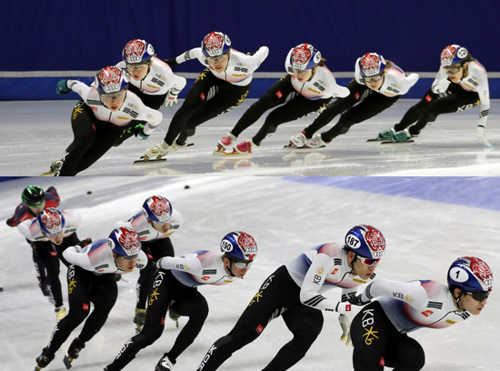 ▲ 쇼트트랙 월드컵 4차 대회에 참가하는 한국 여자(위)·남자대표팀이 15일 목동 실내빙상장에서 훈련하고 있다. 한국은 평창 올림픽을 앞두고 열리는 마지막 실전에서 