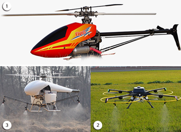 1. 3D배면 비행을 구현한 ‘Flyus’ 2.안전가드가 장착된 농업용 살포기 3.‘KAD’,고고도 근거리 항공촬영, 자동항법, 감시, 정착기능과 더불어 방제용으로 활용할 수 있는 무인헬리콥터 ‘KIMUH’.