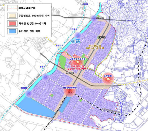 인천 남동국가산업단지에 복합용지로 전환이 가능한 지역이 붉은 색과 푸른 색 원으로 표시돼 있다. <인천시 제공>