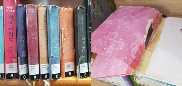 경기도내 도서관 보유 도서가 훼손된 채 방치돼 있어 관리책 마련 요구가 커지고 있다. 사진은 수원시 영통도서관(왼쪽)과 의왕시 내손도서관 어린이 자료실 내 훼손된 도서.
