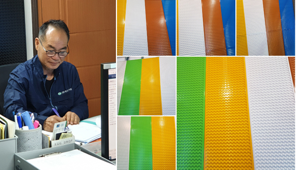 집무실에서 업무를 보고 있는 ㈜명신기업 김명열 대표. 오른쪽 사진은 다양한 무늬와 색상으로 실내 장식 효과를 높인 천장재.
