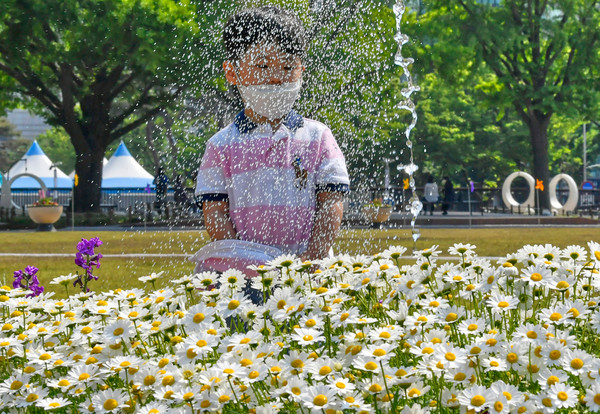 무더운 초여름 날씨를 보인 17일 인천시청 앞 화단에서 한 어린이가 시원하게 뿌려지는 물줄기 사이를 지나가며 화단에 심어진 꽃을 감상했다.  이진우 기자 ljw@kihoilbo.co.kr