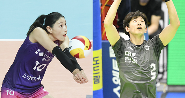 프로배구 2022-2023 정규시즌 6라운드 MVP를 차지한 김연경(왼쪽)과 한선수.  /연합뉴스