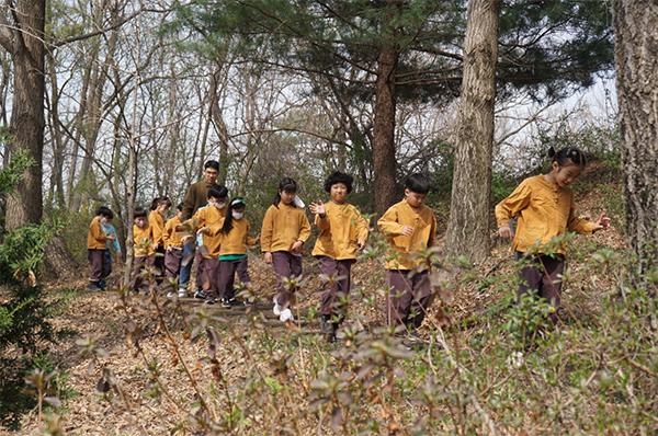 용인 장평초등학교 학생들의 숲길 걷기 활동.