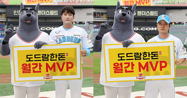 SSG 랜더스가 선정한 ‘도드람한돈 7월 MVP’ 서진용(왼쪽)과 김성현.