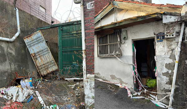 29일 오전 8시께 방문한 인천시 동구 송림동 금송구역 골목에 쓰레기가 나뒹굴고, 빈집 출입문이 파손된 채 방치됐다.