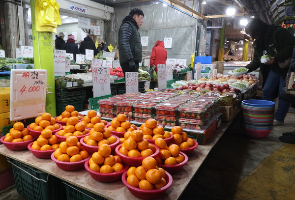 9일 서울 시내 전통시장에서 시민들이 과일을 고른다. 겨울철 대표 과일인 귤 가격이 고공행진을 이어가고 있다. 제주 도매가격은 조사가 시작된 1997년 이후 가장 높다. 사과, 딸기 등 가격이 급등하면서 상대적으로 저렴한 귤로 수요가 몰리고 있어서다. /연합뉴스