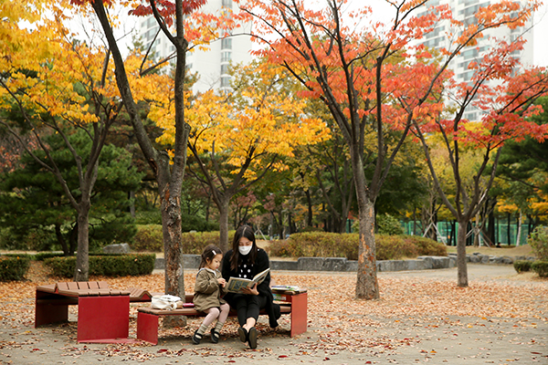 단풍이 물든 가을 부천 한 공원 벤치에서 엄마가 아이에게 책을 읽어준다.