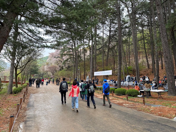 지난해 4월 개방한 서울대 관악수목원을 방문한 시민들이 등산로를 따라 걷고 있다.   <안양시 제공>