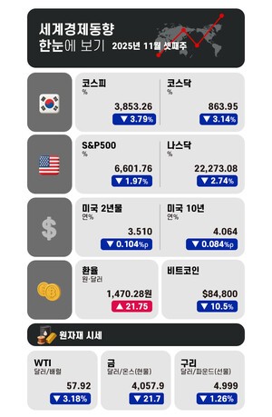 [11월 셋째 주 세계경제동향 브리핑] 글로벌 증시 일제 하락… 코스피 3,800선 후퇴·나스닥 2.7% 급락
